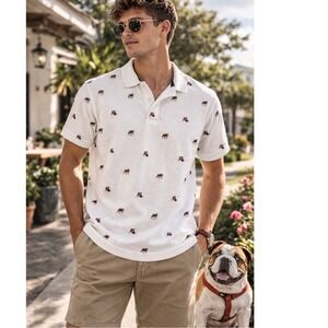 Club Room Performance Mens Polo Shirt White Embroidered Bulldog All Over Print L